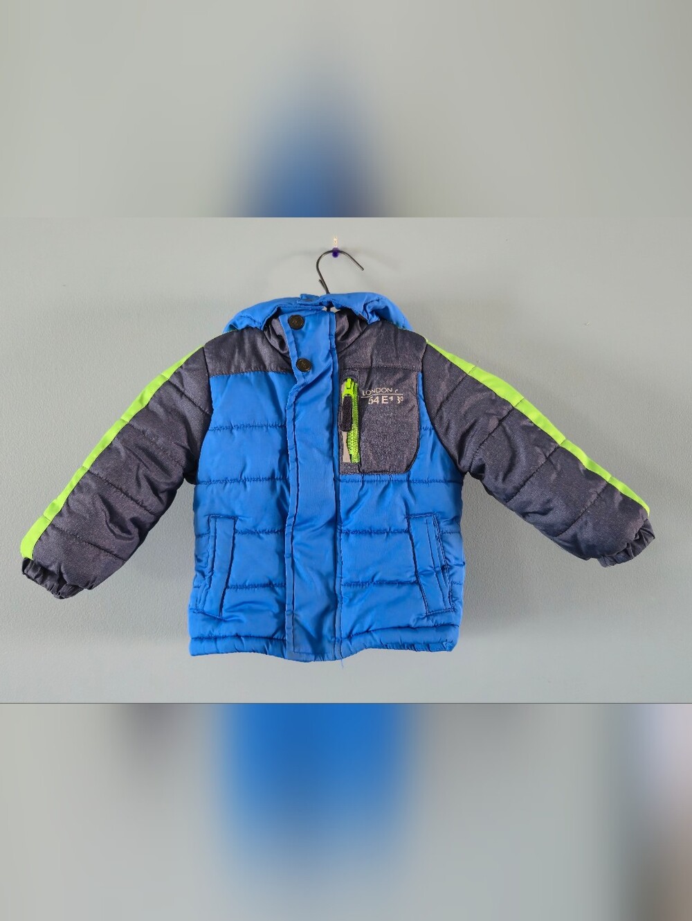 Blue & Gray Hooded Puffer Jacket with Neon Green Accents (24m)